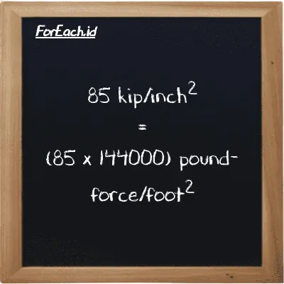 How to convert kip/inch<sup>2</sup> to pound-force/foot<sup>2</sup>: 85 kip/inch<sup>2</sup> (ksi) is equivalent to 85 times 144000 pound-force/foot<sup>2</sup> (lbf/ft<sup>2</sup>)